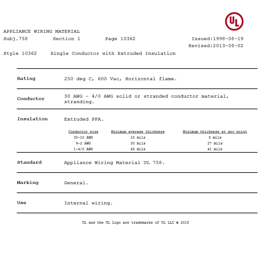 美国UL 10362 铁氟龙电线认证报告 