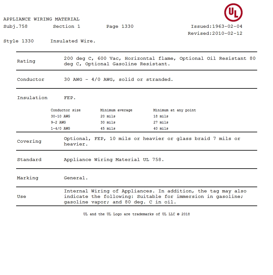 美国UL 1330 铁氟龙电线认证报告 