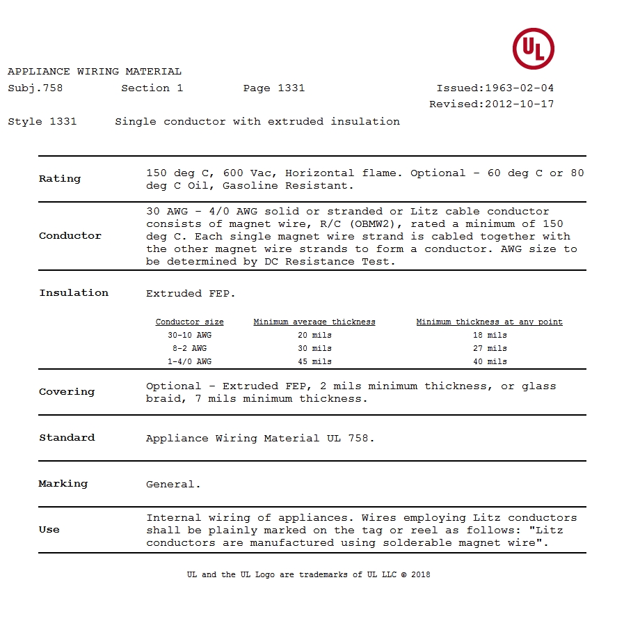 美国UL 1331 铁氟龙电线认证报告 