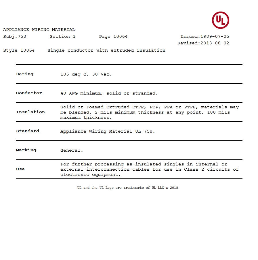 美国UL 10064 铁氟龙电线认证报告 