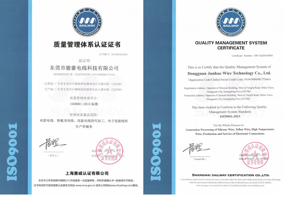 骏豪电线质量管理体系认证证书